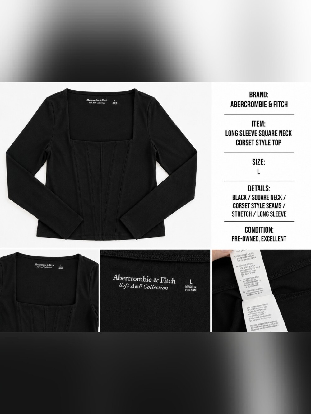 Abercrombie & Fitch Black Square Neck Corset Style Long Sleeve Top Size L